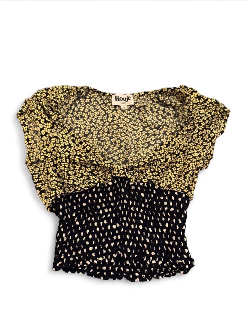Rouje Black & Yellow Floral Smocked Crop Top- Medium, Viscose